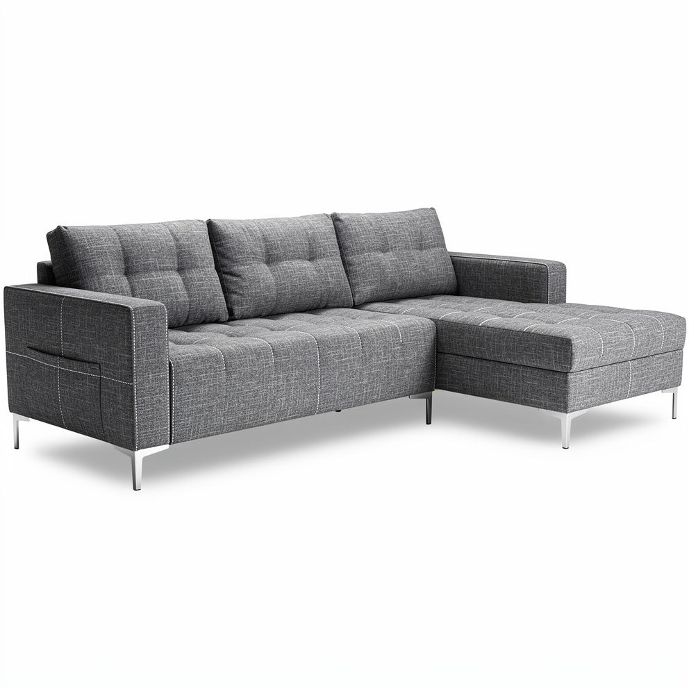 **Moderne hoekbank in grijs met stoffen bekleding**