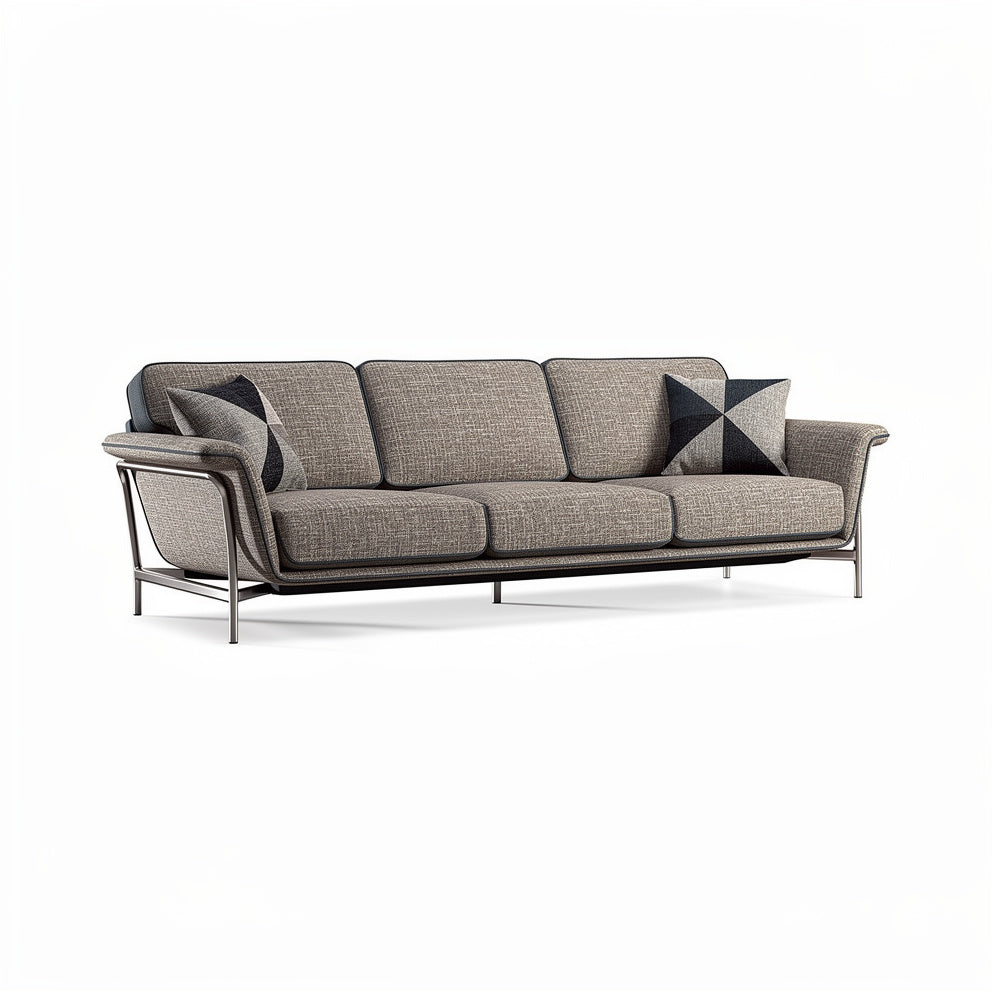 **Moderne stoffen bank met metalen frame en kussens**
