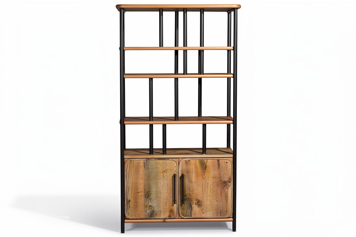 **Technische titel in het Nederlands: Moderne houten boekenkast met metalen structuur en opbergruimte**