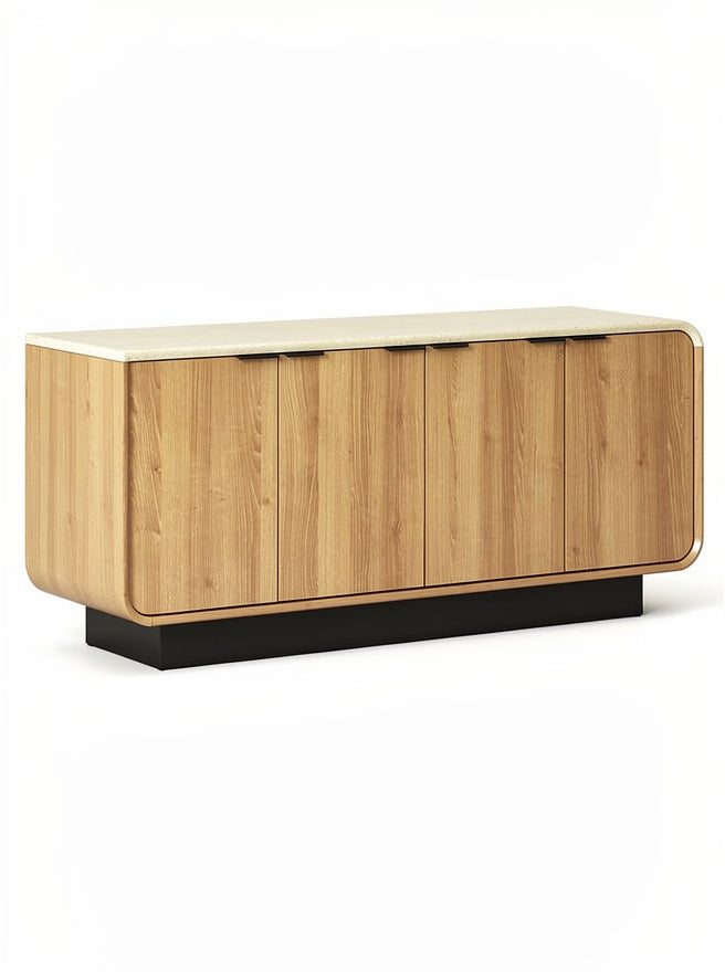 **Technische titel in het Nederlands:** Moderne houten dressoir met minimalistisch ontwerp en zwarte voet.